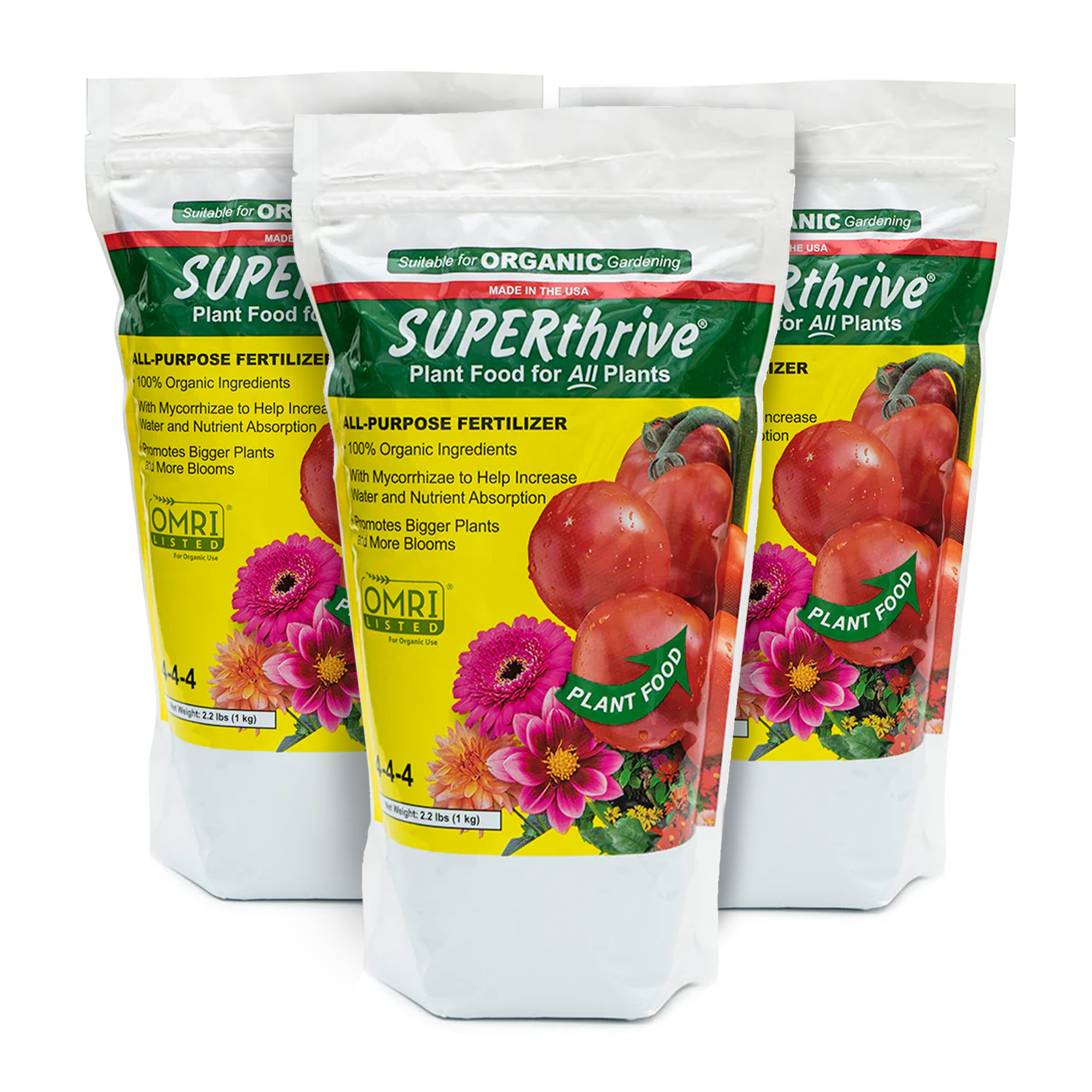 Three packages of SUPERthrive Organic 4-4-4 All-Purpose Fertilizer, with branding and images of plants on the packaging.
